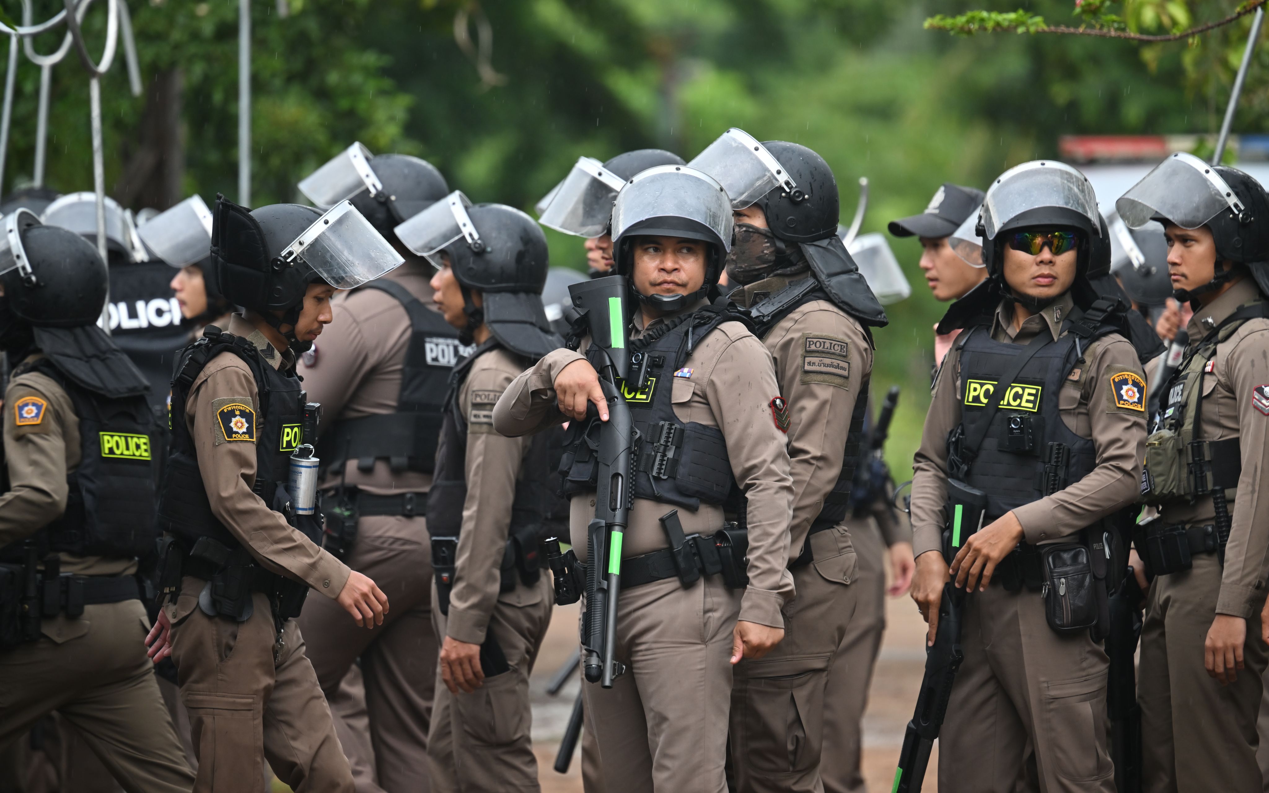 Thai security forces on duty near the border with Cambodia in Sa Kaeo province on Aug. 17.